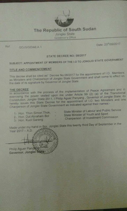 Governor Philip Aguer Appoints IO ministers in Jonglei state