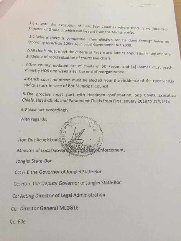 Circular for the Re-organization of Traditional Authority in Jonglei State: The Selection, Re-election and Confirmation of Traditional Chiefs in Greater Bor, Greater Twic East and Greater Duk areas. 