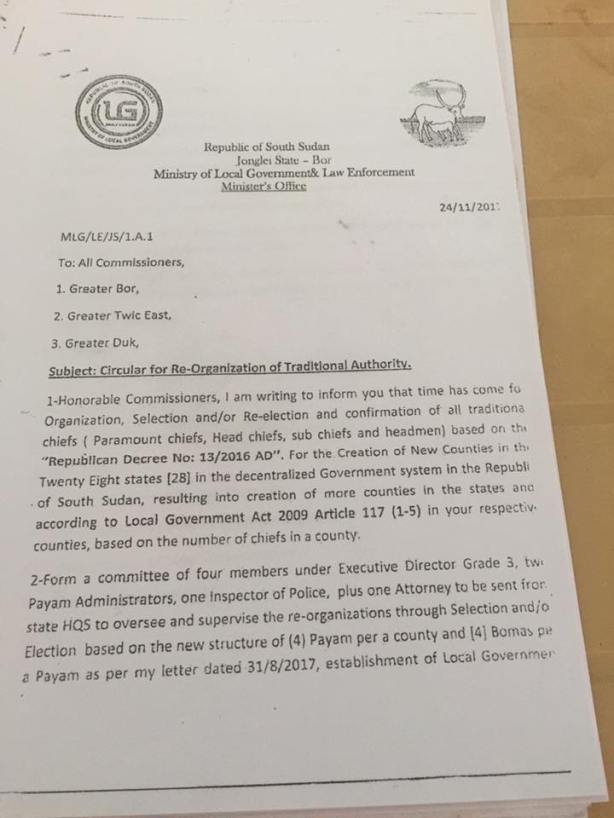 Circular for the Re-organization of Traditional Authority in Jonglei State: The Selection, Re-election and Confirmation of Traditional Chiefs in Greater Bor, Greater Twic East and Greater Duk areas. 