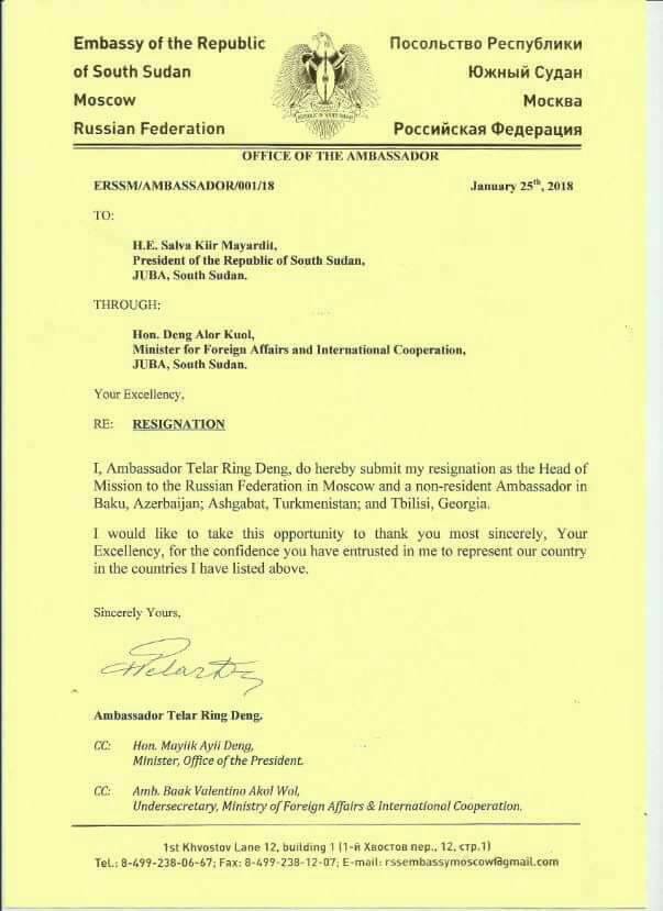 Resignation letter of Telar Deng